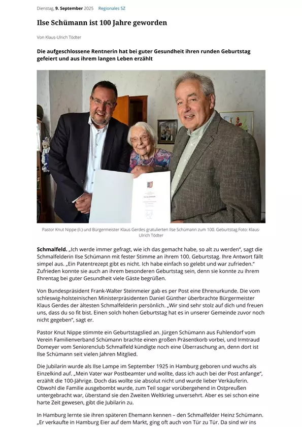 Ilse hunderster Geburtstag in den Segeberger Nachrichten